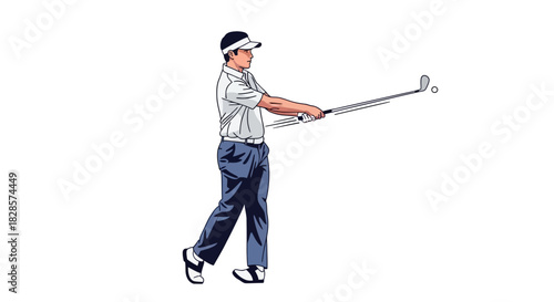 Golfer in midswing wearing a hat stands facing right Club and ball visible