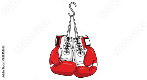 Hanging red boxing gloves with white laces on a metal hook
