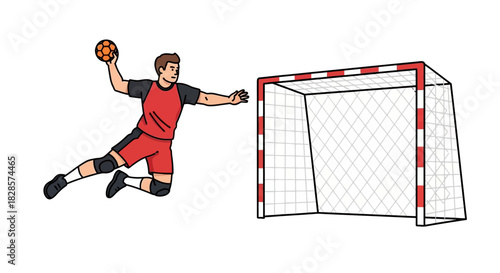Handball player leaps towards a goal holding ball to throw