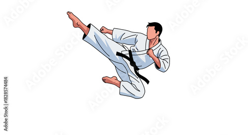 Karateka in midair kick wearing a white gi with a black belt