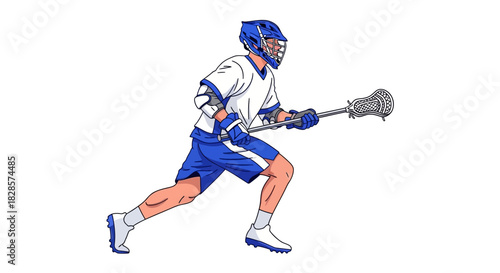Lacrosse player in motion wearing blue and white uniform holding a lacrosse stick