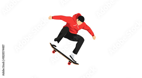 Illustration of a skateboarder midair in a red hoodie and black pants