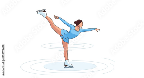 Ice skater in blue dress performing bielmann spin on an ice rink with concentric circles