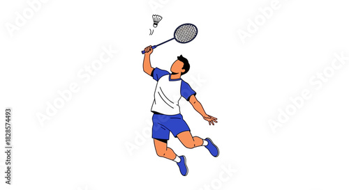 Leaping badminton player hitting a shuttlecock with racket