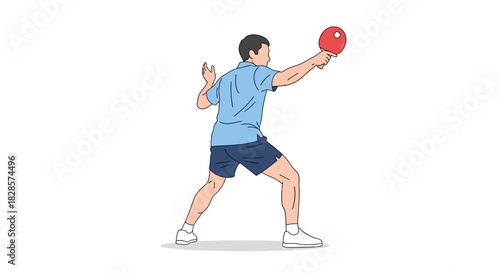 Man back turned table tennis stance with paddle raised legs spread