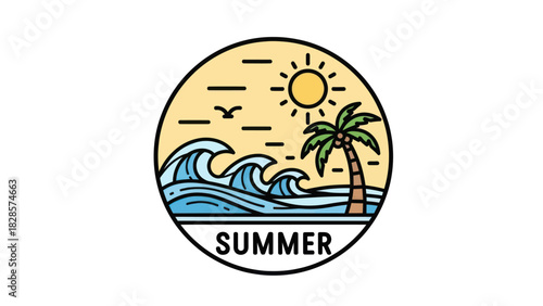 A stylized circular illustration depicting a sunny beach scene with waves, a palm tree, and the word "SUMMER".