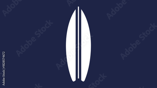 A minimalist graphic illustration of a white surfboard on a dark blue background.