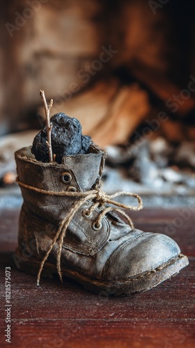 Worn leather boot with coal and twig on rustic wooden surface, Krampusnacht