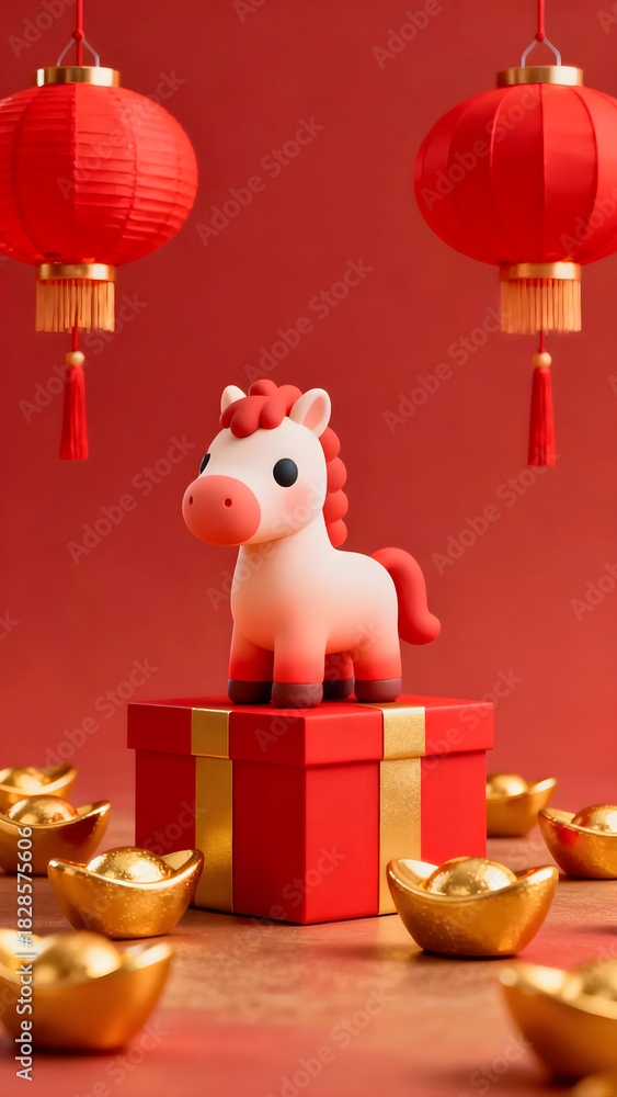 Naklejka premium A festive pony mascot standing on a gift base for New Year