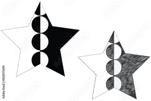 Geometric star design, black and white abstract shapes with bold circular forms and modern contrast, Abstract geometric star pattern, bold half shaded circles forming modern black and white artwork