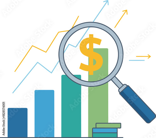 Visualize investments profit growth through data analytics and magnified dollar sign for financial gains