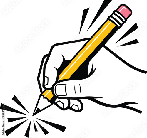 Creative hand drawing and writing with a classic yellow pencil shining bright ideas on paper