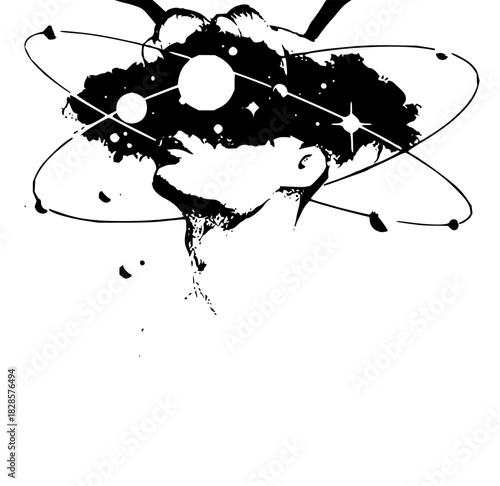 Intriguing silhouette with space and atom elements radiating from the head, a cosmic concept art piece perfect for science and imagination projects