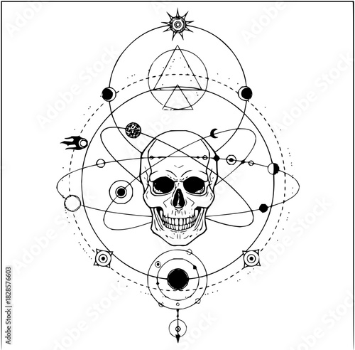 Intricate skull and cosmos illustration, ideal for tattoo design, esoteric art, or edgy branding, originally a scalable graphic for high-resolution use