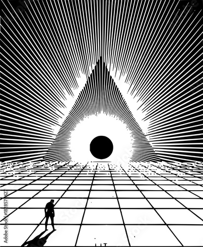 Dramatic illustration of a lone figure facing a radiant horizon with an abstract, geometric landscape, evoking a sense of mystery and exploration