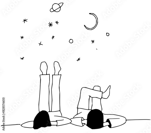 Dreamy night stargazing with friends, watching planets and the moon, perfect for friendship, relaxation, or a peaceful, mindful moment, originally a vector graphic