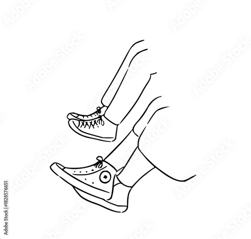 Whimsical line art of legs in sneakers swinging freely, perfect for youthful energy and carefree vibes, originally a scalable vector graphic