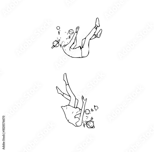 Dreamy celestial journey with whimsical space wanderers, a modern, clean design perfect for creative projects, conveying peace, weightlessness, and cosmic wonder