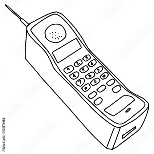 Original mobile phone sketch, a nostalgic look back at vintage cellular technology with a handheld device and antenna, great for retro design