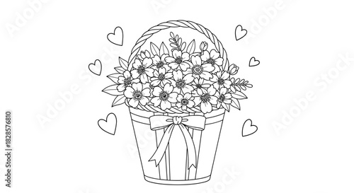 A delightful coloring page featuring a charming basket filled with beautiful flowers and surrounded by floating hearts, perfect for creative relaxation.