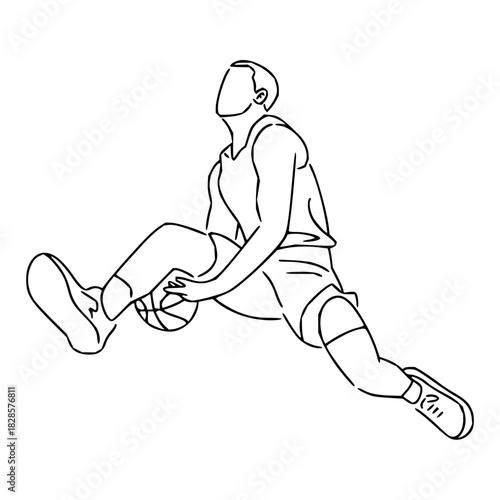 Dynamic outline of basketball player in mid-air jump shot, modern minimalist design for sports branding, fitness promotion, or athletic apparel designs