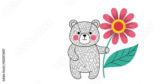 Cute cartoon bear with pink cheeks holding a pink and yellow flower with a green leaf.