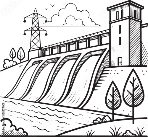 Hydro power dam Hand-drawn Sketch Drawing Vector Illustration, Line Linear Symbol Engraving Coloring Book, Black and White Isolated