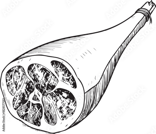 Jamón ibérico Hand-drawn Sketch Drawing Vector Illustration, Line Linear Symbol Engraving Coloring Book, Black and White Isolated