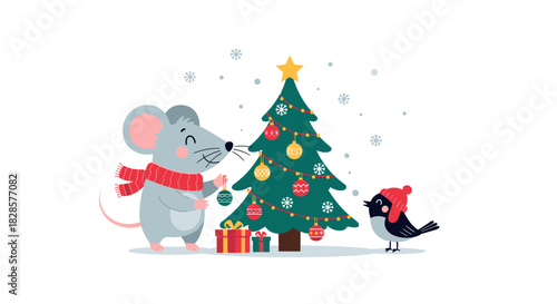 A cute mouse in a red scarf joyfully decorates a Christmas tree with colorful ornaments, accompanied by a little bird, celebrating winter holidays.