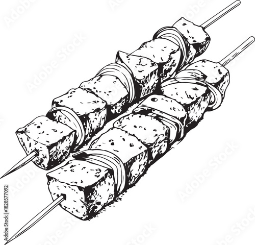 Meat skewers, Barbecue Kebab Hand-drawn Sketch Drawing Vector Illustration, Line Linear Symbol Engraving Coloring Book, Black and White Isolated