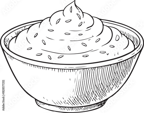 Hummus in Bowl, Mashed Potato, Hand-drawn Sketch Drawing Vector Illustration, Line Linear Symbol Engraving Coloring Book, Black and White Isolated