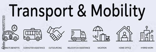 transport and mobility web banner icon vector illustration concept, featuring icons of transportation benefits, commuter assistance, outsourcing, relocation support, vacation, home office, and hybrid 