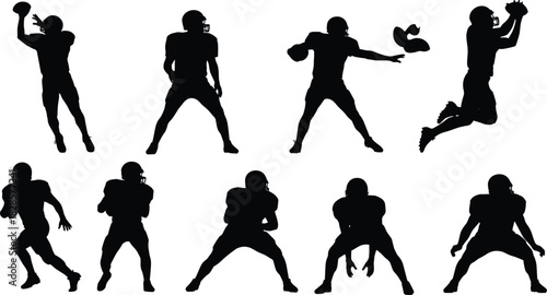 American Football Player Silhouette Vector Collection Set Illustrating Dynamic Action Poses, Including Throwing, Catching, Running, and Linemen Stances for Sports and Game Design