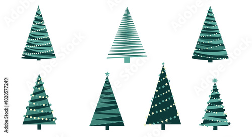 Stylized teal and green Christmas trees with decorative lights and star toppers, presented in a clean, minimalist illustration style.