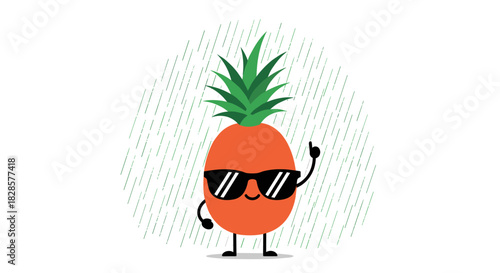 A cheerful and cool cartoon pineapple character wearing sunglasses and happily pointing upwards amidst whimsical green rain streaks.