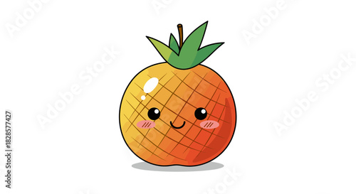 A cute cartoon pineapple character with a happy and slightly shy expression, featuring a vibrant orange-yellow body and green leaves.