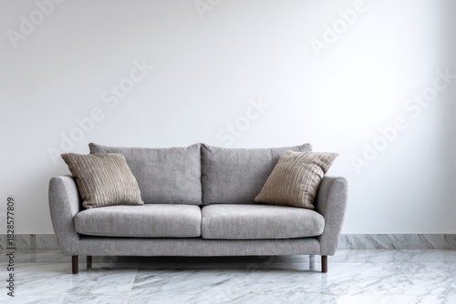 A modern grey sofa with textured pillows rests on a marble floor.
