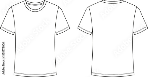 Basic short sleeve T-shirt technical sketch, front and back view, crew neck flat drawing, garment CAD vector illustration