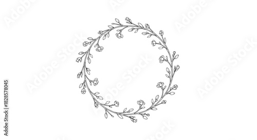 Minimalist botanical wreath illustration with delicate branches, small flowers, and light green leaves on a white background, perfect for elegant designs.