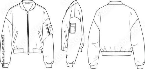 Bomber jacket technical sketch, front side back view, zip-up fashion flat drawing, garment CAD template, vector apparel illustration