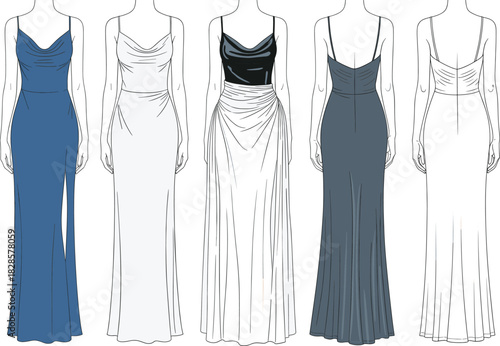 Cad drawing flat vector illustration, fashion sketch evening gowns front back views, draped neckline, pleated skirt, ruched bodice design