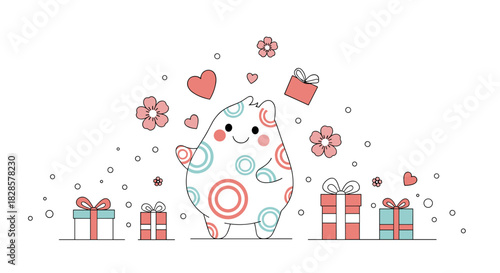 Adorable cartoon creature with colorful patterns stands happily among floating hearts, pink flowers, and wrapped gift boxes, creating a joyful scene.