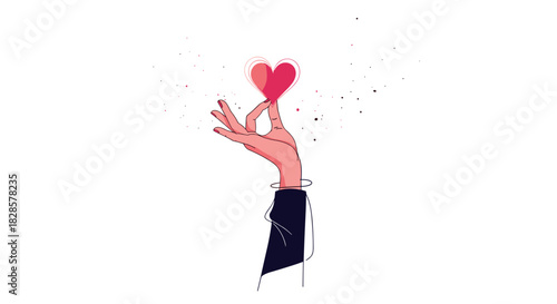 Minimalist illustration of a human hand holding a glowing red heart with scattered particles, representing love and giving.