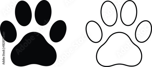 Simple Animal Paw Print Vector Icon Illustration Showing Solid Black Silhouette and Clean Line Outline Styles, Perfect for Pet, Veterinary, and Wildlife Design Concepts