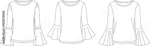 Cad drawing flat vector illustration, technical fashion sketch, flared sleeve tops front view, hemline variations, round neckline garment design