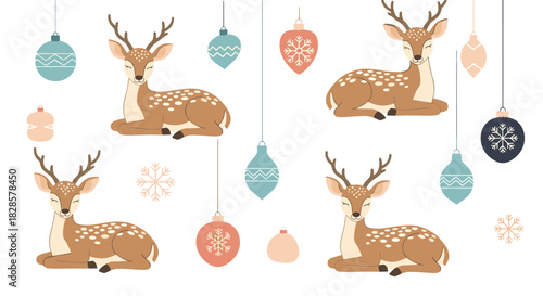 Cheerful cartoon deer with antlers lie peacefully among decorative Christmas ornaments and delicate snowflakes in a festive seamless pattern.