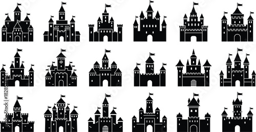 Large Medieval Castle Silhouette Icon Vector Collection Set Illustrating Various Fortress and Citadel Designs with Towers and Flags for History, Fairy Tale, and Fantasy Concepts