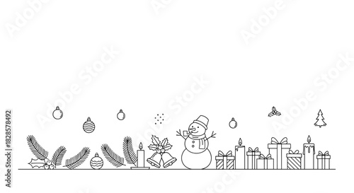 Minimalist Christmas and winter holiday line art illustration with a snowman, wrapped gifts, burning candles, hanging ornaments, and natural greenery elements.