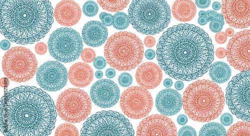 Seamless abstract pattern with intricate teal and coral circular mandalas of various sizes, creating a vibrant decorative background.