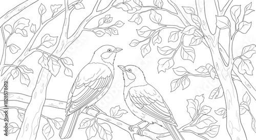 Two charming birds perched on a leafy tree branch, depicted in a detailed black and white line art style, perfect for a nature-themed coloring book.